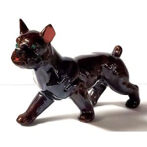 Vintage Porcelain Boxer Dog Figure Dark Brown Green Rhinestone Eyes Figurine